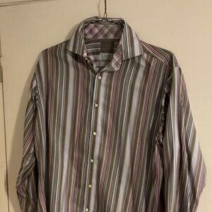 Thomas Dean Mens Striped Button Dress Shirt L Grey Navy Blue Cotton Collared